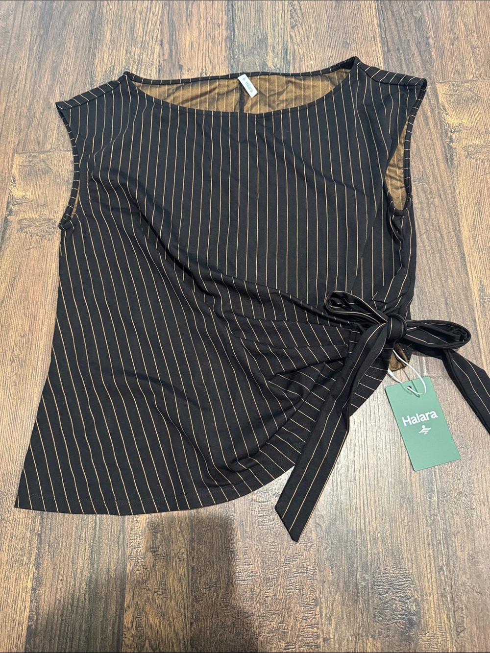 HALARA Black Pinstripe Side-Tie Sleeveless Top
